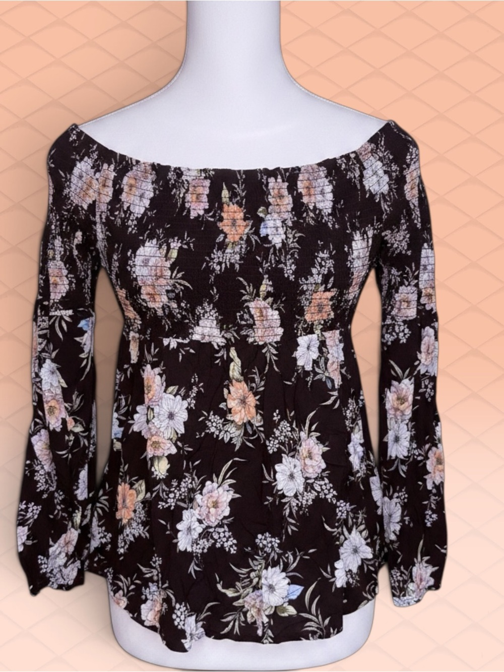 Torrid Black Floral Off-Shoulder Long Sleeve Blouse with Smocked Neckline
